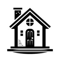 A stylized, minimalist black and white illustration of a house with a gable roof, round window, chimney, and symmetrical door, evoking a sense of simple, modern and home. vector