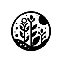 A stark, minimalist botanical illustration within a circular frame, featuring stylized plants, a flower, dots, and a moon, all in striking black and white contrast. vector