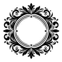 An ornate, symmetrical circular frame with flowing black foliage and scrollwork surrounding a blank oval space, rendered in a stark blackandwhite illustration. vector