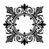 Intricate Symmetrical Black and White Floral Ornament with Circular Center, Decorative Leaves, and Dot Detailing, Artistic . vector