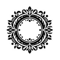 Ornate Black and White Circular Floral Frame with Delicate Leaves, Dots, and Intricate Scrollwork on a White Background. vector