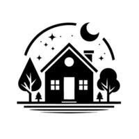 Monochrome illustration of a house under a crescent moon and starry night sky, flanked by stylized trees, creating a peaceful, minimalist landscape. vector