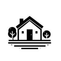 A minimalist black and white illustration of a house, flanked by stylized trees, set against a plain background, suggesting a modern concept. vector