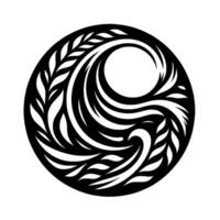A circular, monochromatic with a stylized organic motif, blending flowing wave patterns and botanical elements in a symmetrical composition. vector