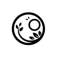 Minimalist Black and White Emblem A circular featuring a stylized tree branch, leaves, and a ring, symbolizing nature and harmony. vector