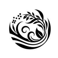 Elegant Black and White Circular Featuring Leaves, Berries, and Swirls, a Modern NatureInspired Composition on White. vector