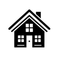 Clean, black and white silhouette of a simple house with a gabled roof, chimney, and windows and a door, set against a plain white backdrop. vector