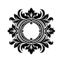 Elegant symmetrical black and white floral , a circular emblem with a central blank space, surrounded by detailed foliage and intricate line work on a white background. vector