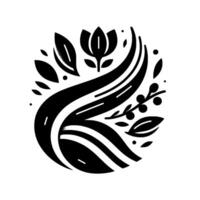 A monochrome, symmetrical floral within a circle, featuring stylized leaves, a flower, berries, and curved, flowing lines for a modern, minimalist aesthetic. vector