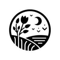 Silhouette of a stylized rural landscape within a circle, featuring a tree with a tuliplike flower, a crescent moon, birds, and fields. vector