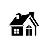 A clean, minimalist illustration of a house silhouette rendered in solid black against a white background. Features include a gabled roof, chimney, and stylized windows. vector
