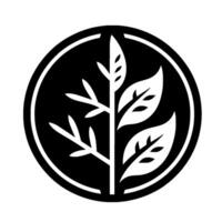 Black and white minimalist featuring a stylized plant with leaves inside a circular frame, symbolizing nature and wellness. vector