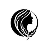Elegant Silhouette of a Woman within a Circle, Embellished with Flowing Hair and Laurel Branch. A simple and classic black and white . vector