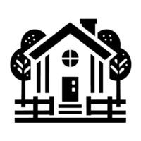 Minimalist Black and White Illustration of a House with Trees, a Fence, and a Round Window Depicting Home and Nature vector