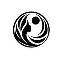 Elegant black and white circular , featuring a womans profile, a sunmoon, and flowing hair elements, suggesting beauty and balance. vector