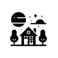 Black and White A House with a Cross Symbol, Trees, Moon, Stars, and Clouds, Representing Healthcare Services under the Night Sky. vector