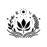 Mystical Black and White Botanical with Sun, Moon, and Leafy Floral Elements, Symbol of Growth and Nature. vector