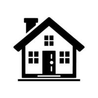A minimalist black and white illustration of a house, featuring a gable roof, windows, a door, and a chimney, creating a simple and clean for real estate or home themes. vector
