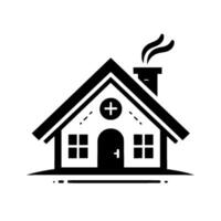 A minimalist black and white illustration depicting a house with a cross symbol, a chimney with smoke, windows, and a door, conveying a sense of health and home. vector