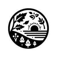 A minimalist, black and white circular of a nature scene with a stylized sunrise over water, framed by leaves and vegetation. vector