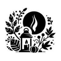 Black and White Composition A lantern with a glowing candle flame, surrounded by fall foliage, berries, a pumpkin, and a stylized flame silhouette. vector