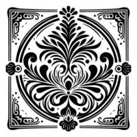Intricate Black and White Floral on a Square Frame A Symmetrical Composition of Flourishes, Patterns, and Decorative Elements in a Circular and Square Frame. vector