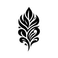 A symmetrical, black and white illustration showcasing an ornate stylized leaf reminiscent of Art Nouveau or tribal art. vector