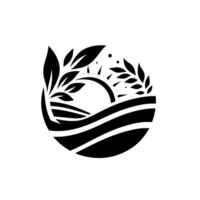 Symbolic Black and White Illustration Sunlit Fields, Laurel Branches, and Organic Imagery Enclosed in a Circular Frame. vector