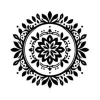Intricate Black and White Floral Mandala A symmetrical and elegant illustration with floral and leaf elements arranged in a circular pattern. vector