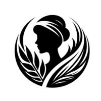 Silhouette of a womans profile with a stylized updo, encircled by stylized leaves and curved shapes, creating a balanced, elegant in black on white. vector