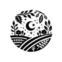 A minimalist black and white illustration depicting a stylized crescent moon and star, stars, plants, trees, rolling hills, and leafy branches, enclosed within a circular frame. vector