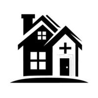 A minimalist monochrome depiction of a combined home and medical facility, featuring a house silhouette alongside a building marked with a medical cross. vector