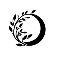 A minimalist, highcontrast emblem featuring a stylized, black botanical composed of leaves and branches, elegantly curving around a central crescent shape on a stark white backdrop. vector