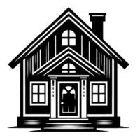 Bold black and white minimalist house illustration, featuring a symmetrical with a gabled roof, arched windows, and a prominent front door, radiating a sense of simplicity and domestic charm. vector