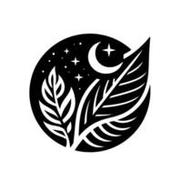Symbolic black and white nature illustration, combining leaves, a crescent moon, stars, and a circular frame against a bright backdrop. vector