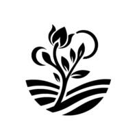 Monochrome Silhouette of a stylized plant rising from layered earth, adorned with crescent and circular elements, evoking growth. vector