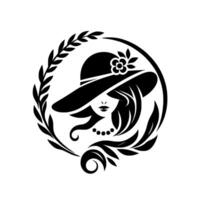 Elegant Woman Silhouette in a Hat Adorned with Floral Accents and a Circular Laurel Wreath, a Classic, Timeless vector