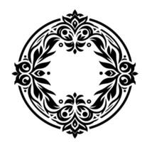 Intricate black and white symmetrical circular floral , featuring ornate leaf and flower motifs, perfect for a decorative frame or emblem. vector