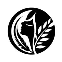 Silhouette of a serene womans profile within a circular frame, framed by stylized wheat and foliage, rendered in minimalist black and white. vector