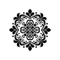 Symmetrical, black and white floral mandala, stylized with ornate leaflike elements, spiraling tendrils, and dot accents, centered on a pure white background. vector