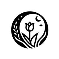 A minimalist emblem depicting a stylized tulip in a circle, adorned with celestial elements stars, a crescent moon, and botanical accents. vector