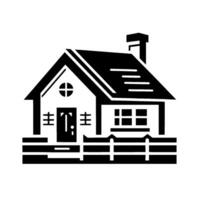 A minimalist, stylized black and white illustration of a charming house with a chimney, picket fence, and a simple cross window, set against a plain white background. vector
