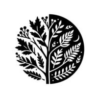 Stylized Binary Tree of Life Composition Black and White Minimalist Botanical Art with Leaves, Berries, and Crescent Moon, Creating a Balanced YinYang Circle. vector