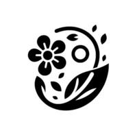 A stylized, minimalist black floral emblem featuring a fivepetaled flower, leaves, and a circular element, against a clean white backdrop. vector