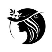 Elegant Silhouette A Woman in a Floppy Hat, Adorned with a Flower, Enclosed Within a Circular Shape vector
