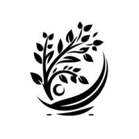 A stylized black and white featuring a tree with leaves and a crescent moon integrated within an abstract, curved on a clean white background. vector