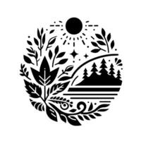 Intricate circular minimalist nature illustration featuring sun, forest, leaves, and flowing lines, conveying a sense of harmony and serenity within a unified . vector