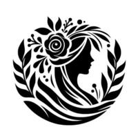 A black silhouette of a womans profile within a floral wreath, emphasizing nature and femininity in a minimalist . vector