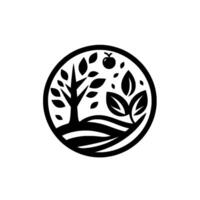 A stylized, circular featuring a tree, foliage, and apple, set within a grassy landscape, all rendered in a simple, clean black and white . vector