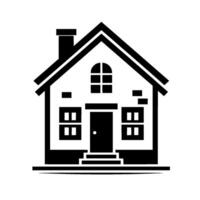A stylized, monochrome house illustration, featuring a gabled roof, chimney, arched window, rectangular windows, and a prominent front door, evoking a minimalist and modern aesthetic. vector